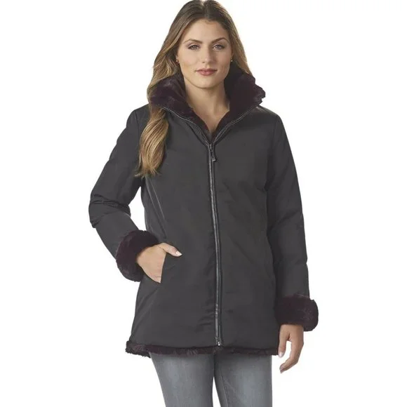 Via Spiga Reversible Grooved Faux-Fur Jacket in "Eggplant" Size S NWOT - Picture 5 of 13